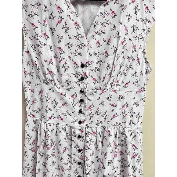 Vintage style Womens Sleeveless Button Front Shirred Dress White Floral Sz L - Picture 8 of 9